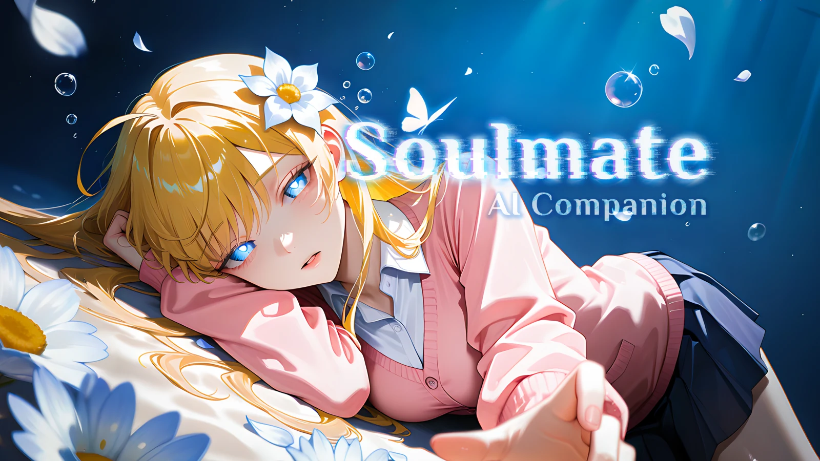 Soulmate AI Companion promotional illustration: a blonde character and white flowers against a blue background
